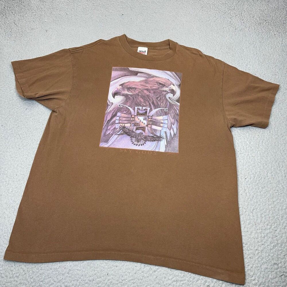 Vintage Jody Bergsma Shirt Mens Extra Large Brown Sky Gods‎ Eagles Art USA Anvil - Picture 4 of 13
